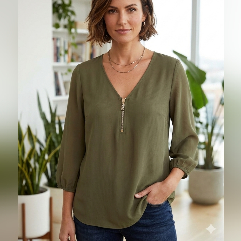 NWT Maurices Army Green Viscose Zip Tunic Top Minimalist Chic Relaxed Fit